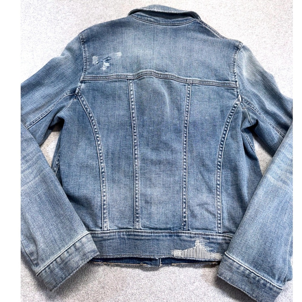 White House Black Market Distressed Denim Jacket Womens Sz 8 Stretch Jean Jacket - Picture 10 of 12